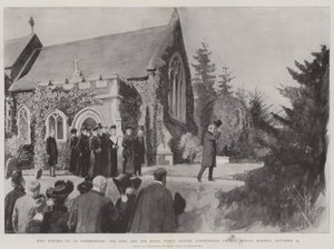 Król Edward VII w Sandringham, król i rodzina królewska opuszczają kościół Sandringham, niedzielny poranek, 24 listopada